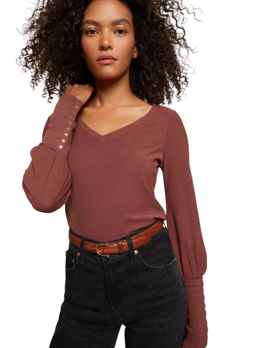 Nation LTD Renata V-Neck Exaggerated Sleeve Gold Snap Button Minimalist